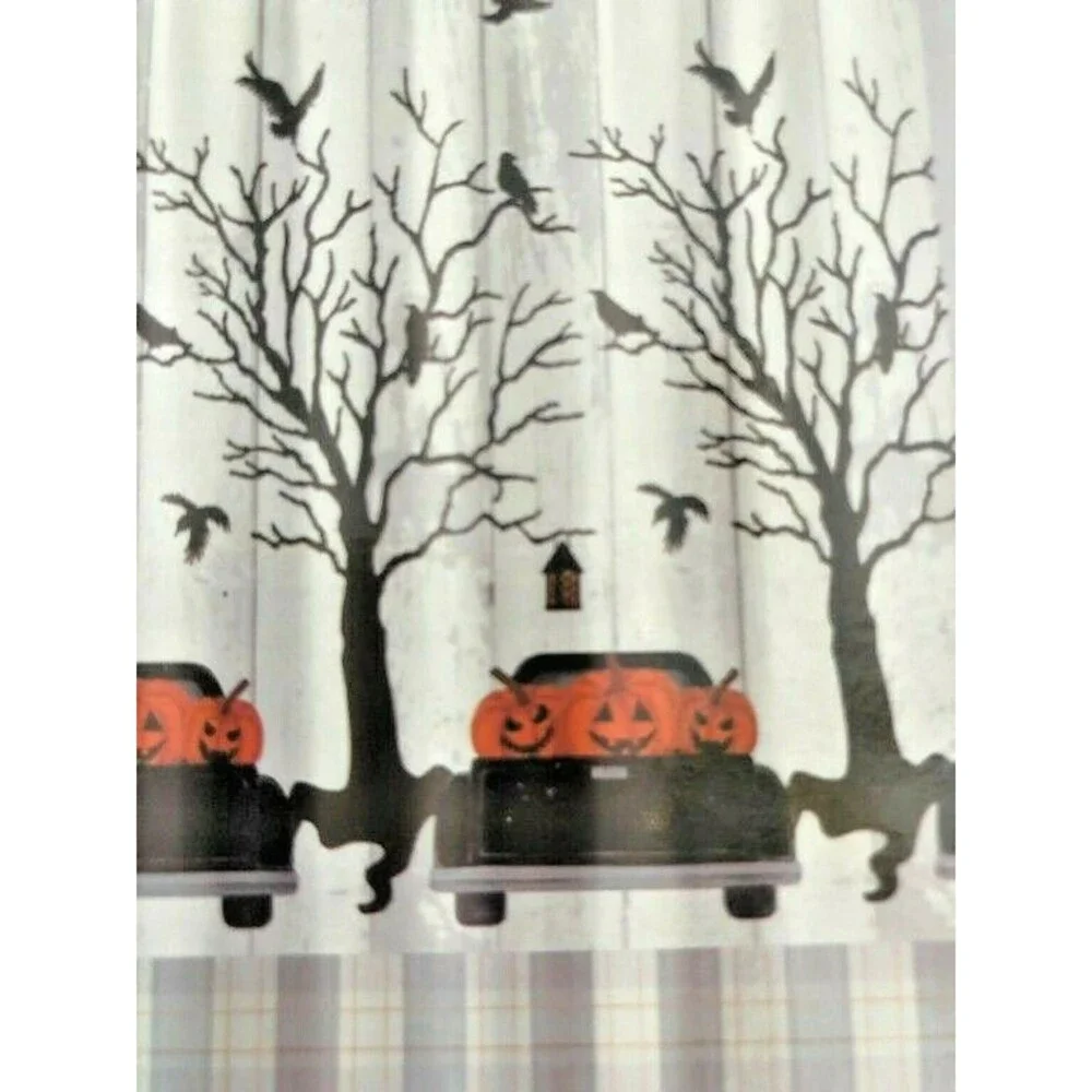 Halloween Black Farm Truck Fabric Shower Curtain Pumpkin Crow Spooky 72x72